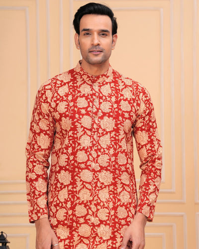 Indiehaat | BlockPrinted Cotton Kurta Pyjama Red