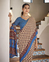 Indiehaat | Blockprinted Mul Cotton Beige Saree