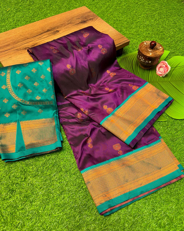 Indiehaat | Paithani Silk Meenakari Buti Embroidery Saree Purple