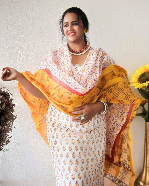 Bold Kota Doria Yellow Blockprinted Suit (Top+Dupatta+Bottom)