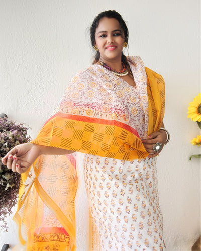 Bold Kota Doria Yellow Blockprinted Suit (Top+Dupatta+Bottom)