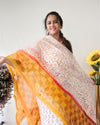 Bold Kota Doria Yellow Blockprinted Suit (Top+Dupatta+Bottom)