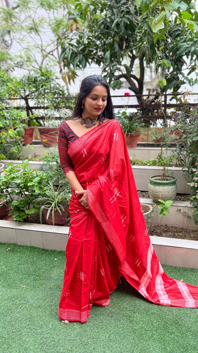 Katan Silk Saree Red Handcrafted