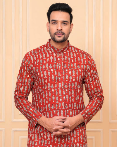 Indiehaat | Royal Reflection BlockPrinted Cotton Kurta Pyjama Fiery Red