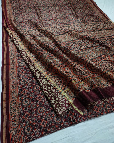 Indiehaat | Ajrakh Printed Chanderi Silk Saree Red | Serenity in Silk