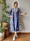 Indiehaat | Cotton Long One Piece Dress Blue Color Bagru Hand Printed Size 36 to 46