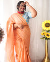 Pure Tissue Linen Hand Dyed Saree Peach Orange Color with running blouse-Indiehaat