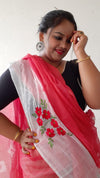 Kota Doria Saree Bandhej and Embroidery Work Red and White With Blouse Handcrafted-Indiehaat