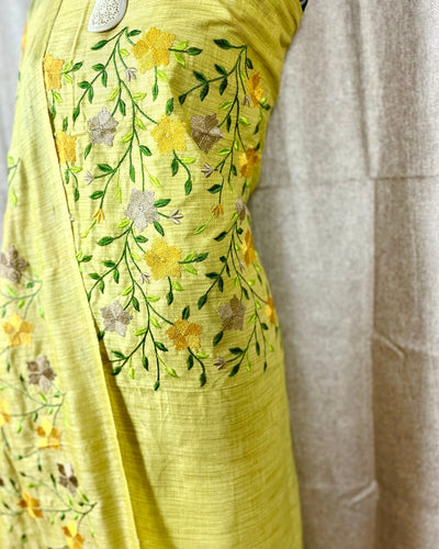 Indiehaat | Khadi Cotton Embroidered Yellow Suit | Unique Suit