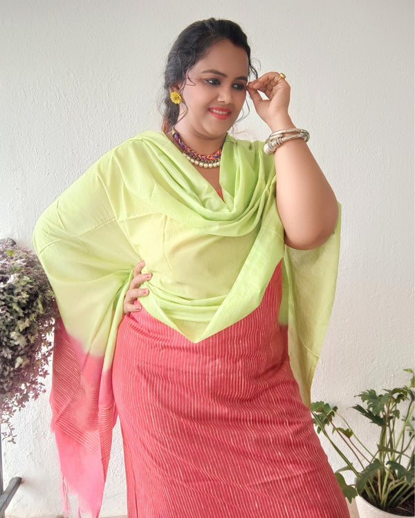 Katan Silk Suit Piece Red and Green Color with Bottom and Dupatta-Indiehaat