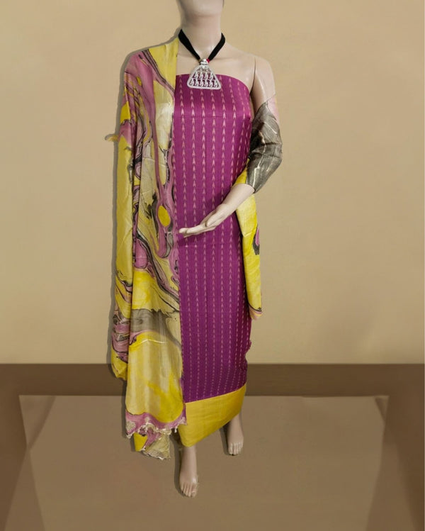 Abstract Katan Silk Tie Dyed Violet & Yellow Suit