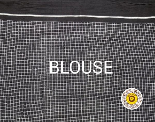 Patteda Anchu Handloom Mark Certified Pure Cotton Black Saree with Running Blouse-Indiehaat