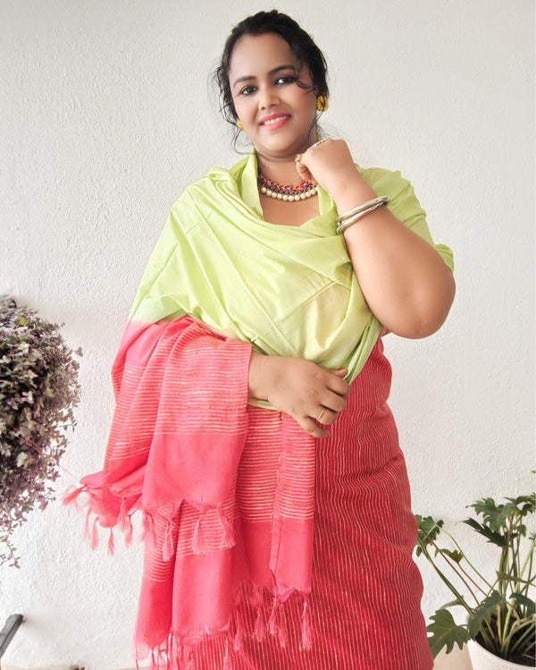 Katan Silk Suit Piece Red and Green Color with Bottom and Dupatta-Indiehaat