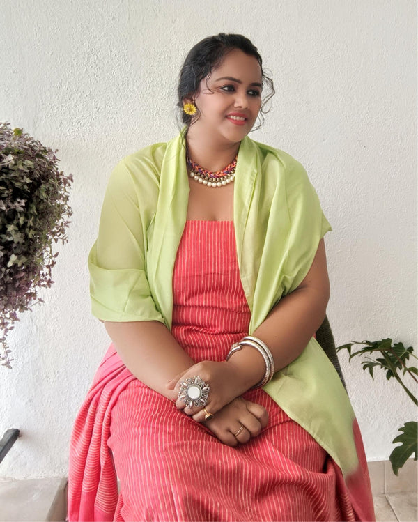 Katan Silk Suit Piece Red and Green Color with Bottom and Dupatta-Indiehaat