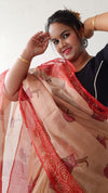 Natural Kota Doria Blockprinted Biege & Red Saree