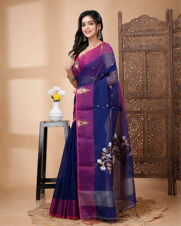 Indiehaat | Cotton Silk Blue Saree Handloom Mina Work