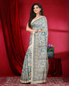 Indiehaat | Kashmiri Silk Beige & Blue Printed Saree