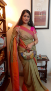 Handwoven Pure Linen Saree Beige Color with Blouse-Indiehaat