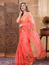 Fiery Kota Doria Cotton Bird Embroidery Red Saree Handdyed