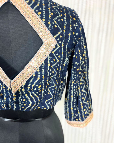 Crepe Silk Stitched Blouse Dark Blue Color Bandhej Design - IndieHaat