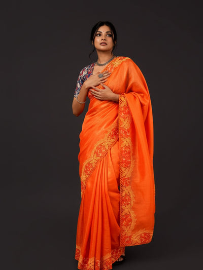 Silkmark Certified Kinetic Pure Tussar Cutwork Saree Orange