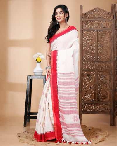 Indiehaat| Pure Linen White Saree Floral Buti Striped Pallu