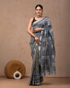 Indiehaat | Maheshwari Silk Saree Gray Color Bagru Handblock Printed with Running Blouse (Silk by Silk)