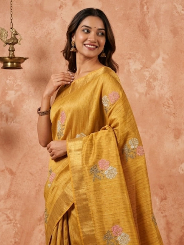 Indiehaat | Banswara Cotton Silk Saree Yellow
