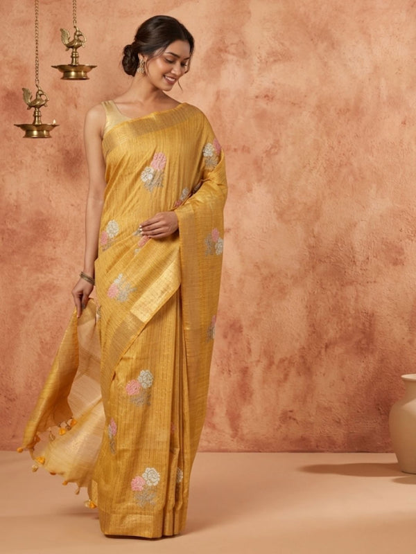 Indiehaat | Banswara Cotton Silk Saree Yellow