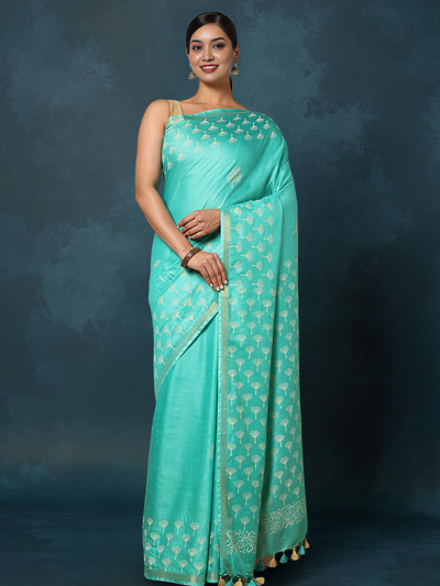 Indiehaat | Blockprint Katan Silk Saree Blue