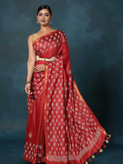 Indiehaat | Blockprint Katan Silk Saree Red