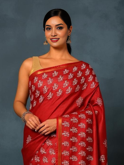 Indiehaat | Blockprint Katan Silk Saree Red