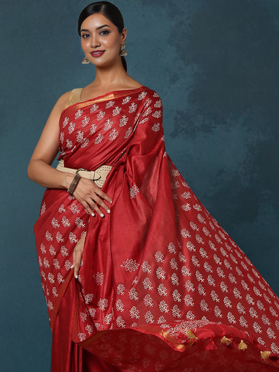 Indiehaat | Blockprint Katan Silk Saree Red