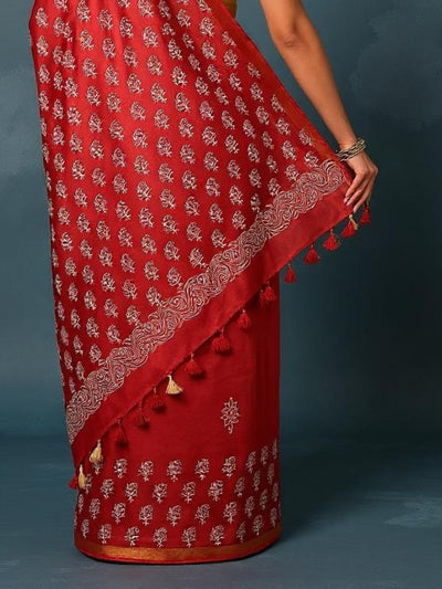 Indiehaat | Blockprint Katan Silk Saree Red