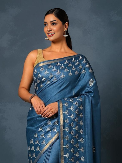 Indiehaat | Blockprint Katan Silk Saree Blue