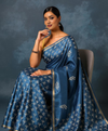 Indiehaat | Blockprint Katan Silk Saree Blue