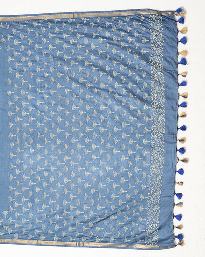 Indiehaat | Blockprint Katan Silk Saree Blue