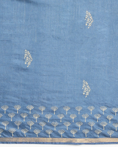 Indiehaat | Blockprint Katan Silk Saree Blue