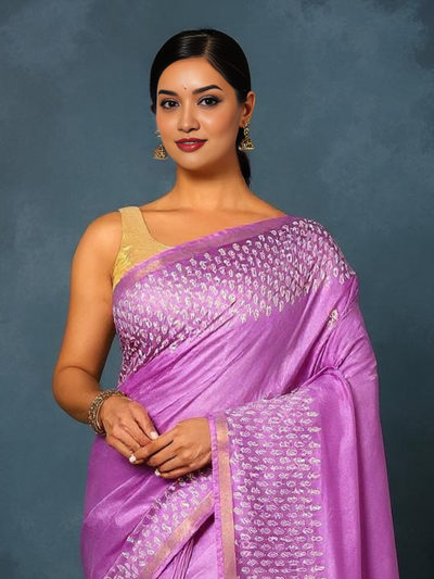 Indiehaat | Blockprint Katan Silk Saree Purple