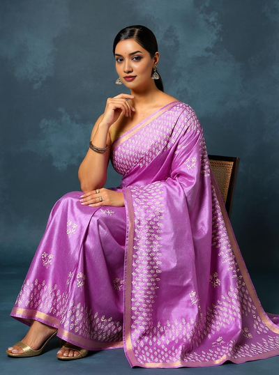 Indiehaat | Blockprint Katan Silk Saree Purple