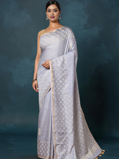 Indiehaat | Blockprint Katan Silk Saree Gray