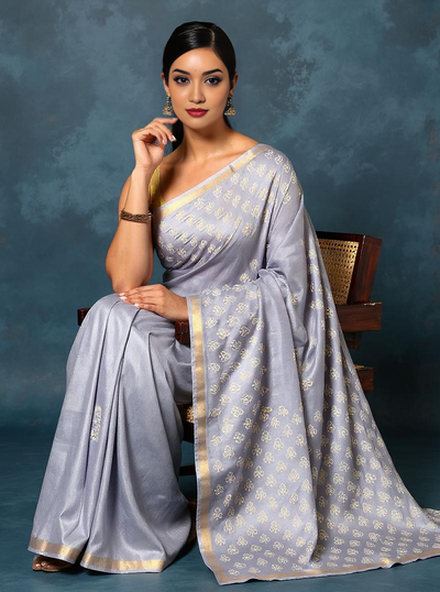 Indiehaat | Blockprint Katan Silk Saree Gray