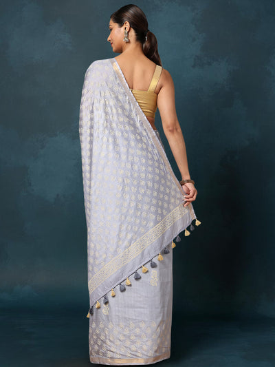 Indiehaat | Blockprint Katan Silk Saree Gray