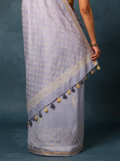 Indiehaat | Blockprint Katan Silk Saree Gray