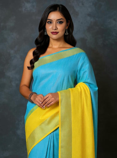 Indiehaat | Pure Linen Hand Ombre Dyed Saree Blue Yellow