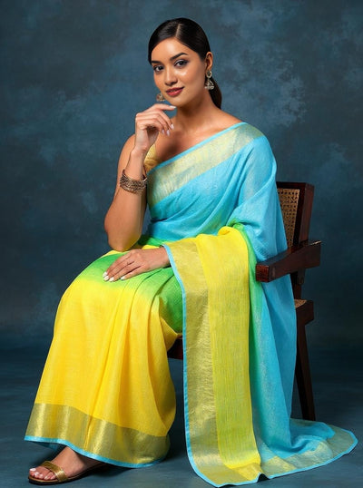 Indiehaat | Pure Linen Hand Ombre Dyed Saree Blue Yellow