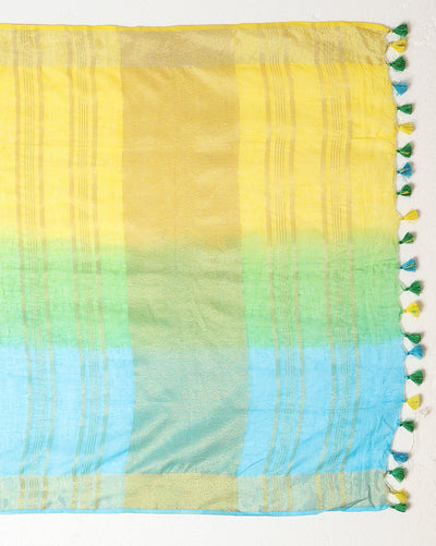 Indiehaat | Pure Linen Hand Ombre Dyed Saree Blue Yellow