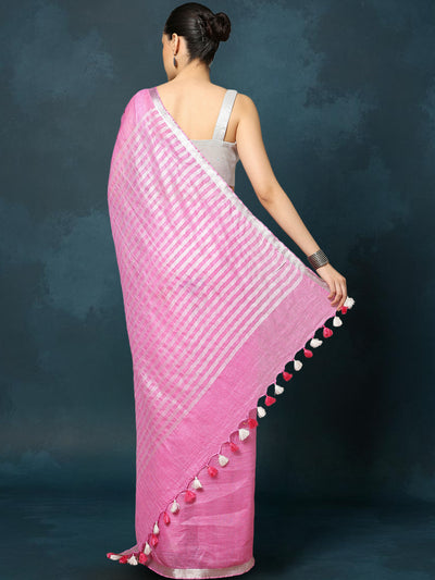 Indiehaat | Pure Linen Hand Embroidered Saree Pink