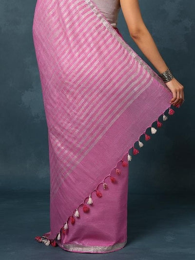 Indiehaat | Pure Linen Hand Embroidered Saree Pink