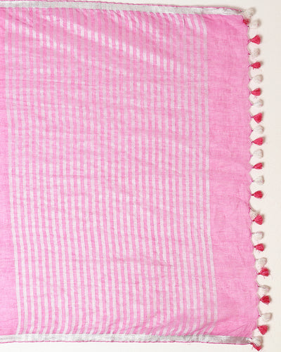Indiehaat | Pure Linen Hand Embroidered Saree Pink